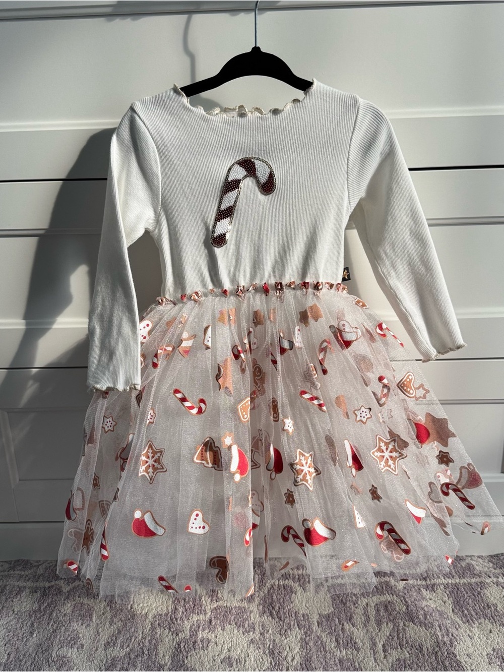 Petite Hailey White Candy Cane Tulle Holiday Dress